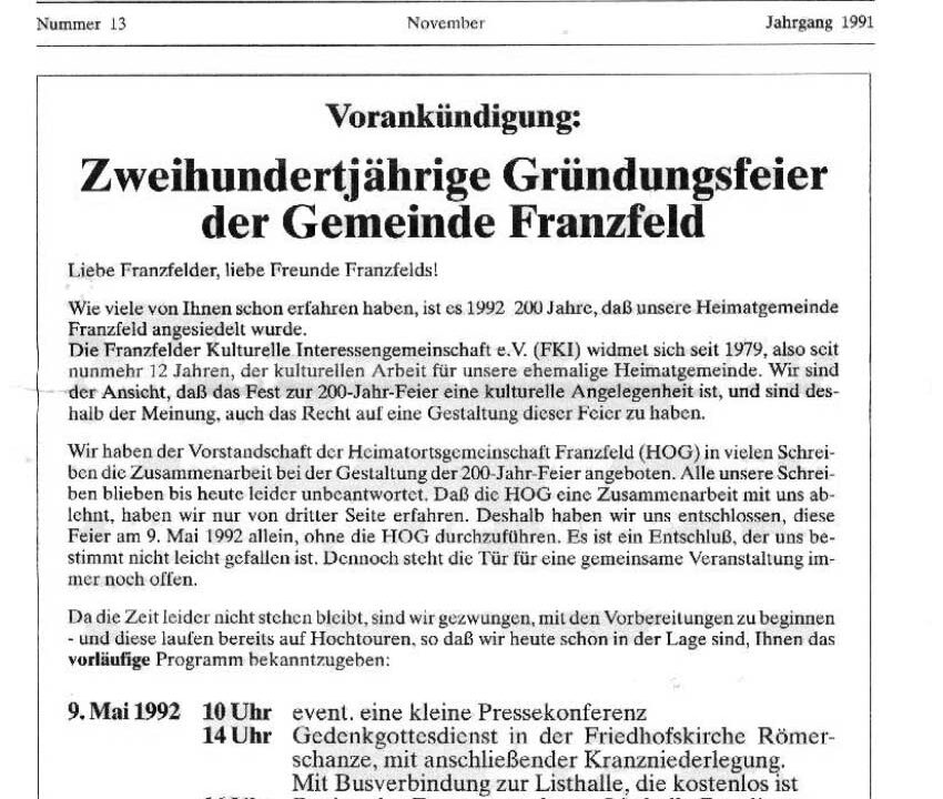 Ausgabe 13 der Franzfelder Zeitung Titelbild