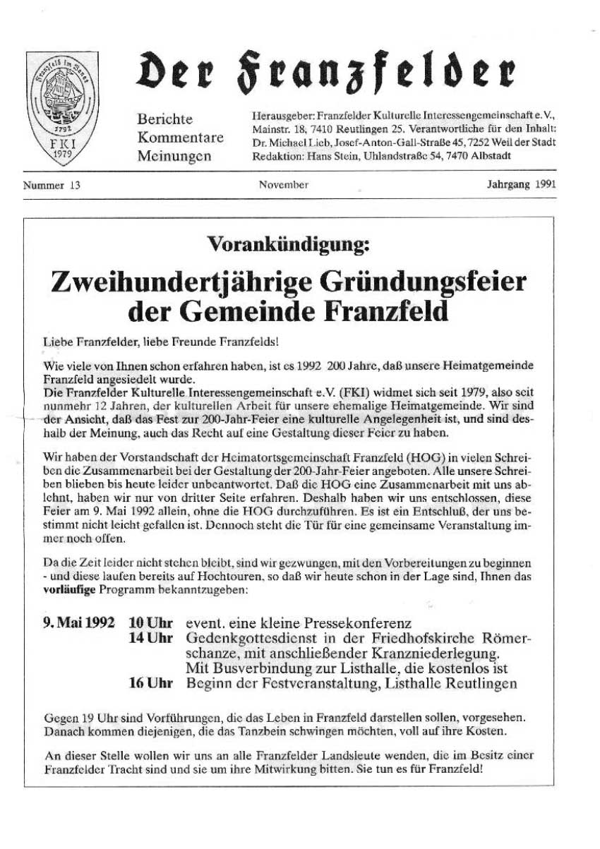 Ausgabe 13 der Franzfelder Zeitung Titelbild