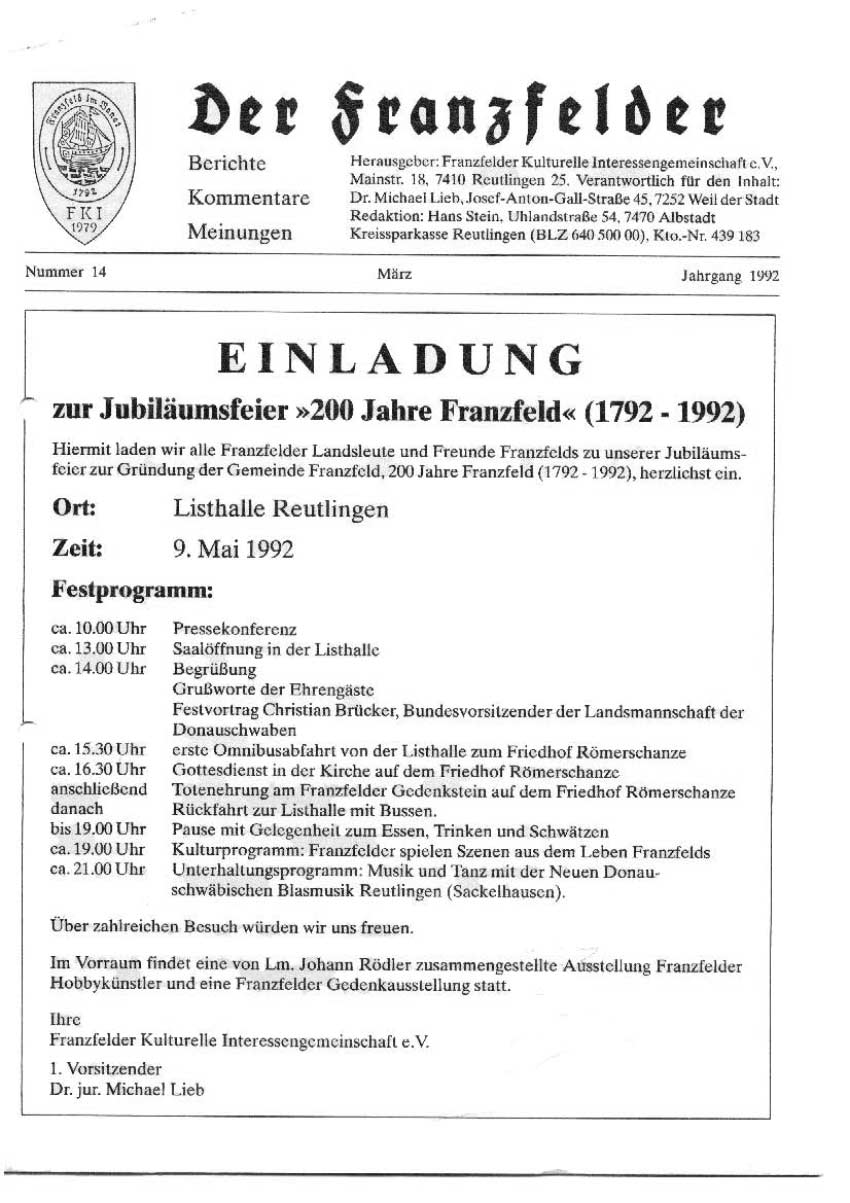 Ausgabe 14 der Franzfelder Zeitung Titelbild