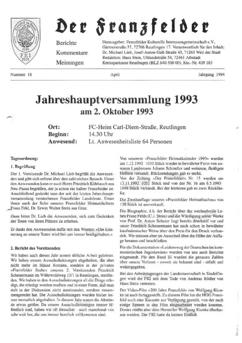 Ausgabe 18 der Franzfelder Zeitung Titelbild
