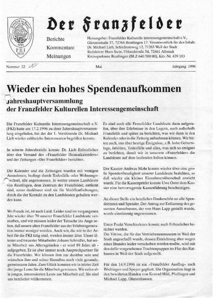 Ausgabe 22 der Franzfelder Zeitung Titelbild