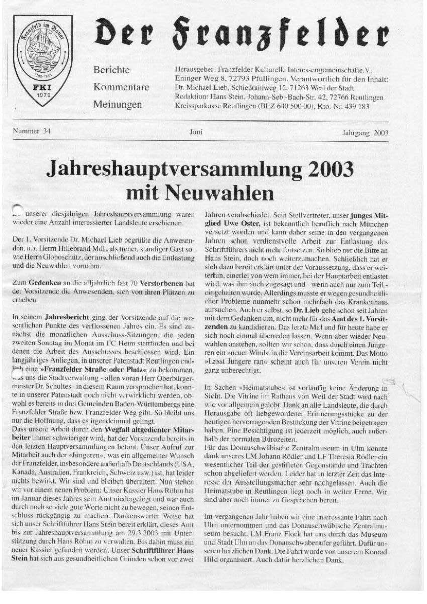 Ausgabe 34 der Franzfelder Zeitung Titelbild